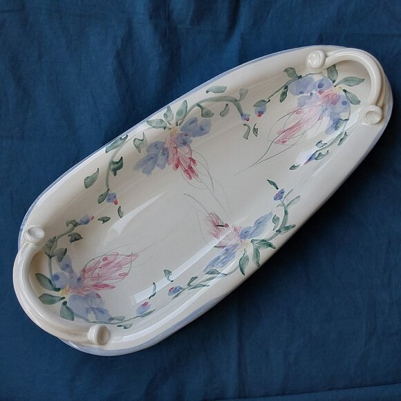 Studio pottery oblong serving dish with handles blue and pink flowers vtg 1993 - Picture 2 of 13